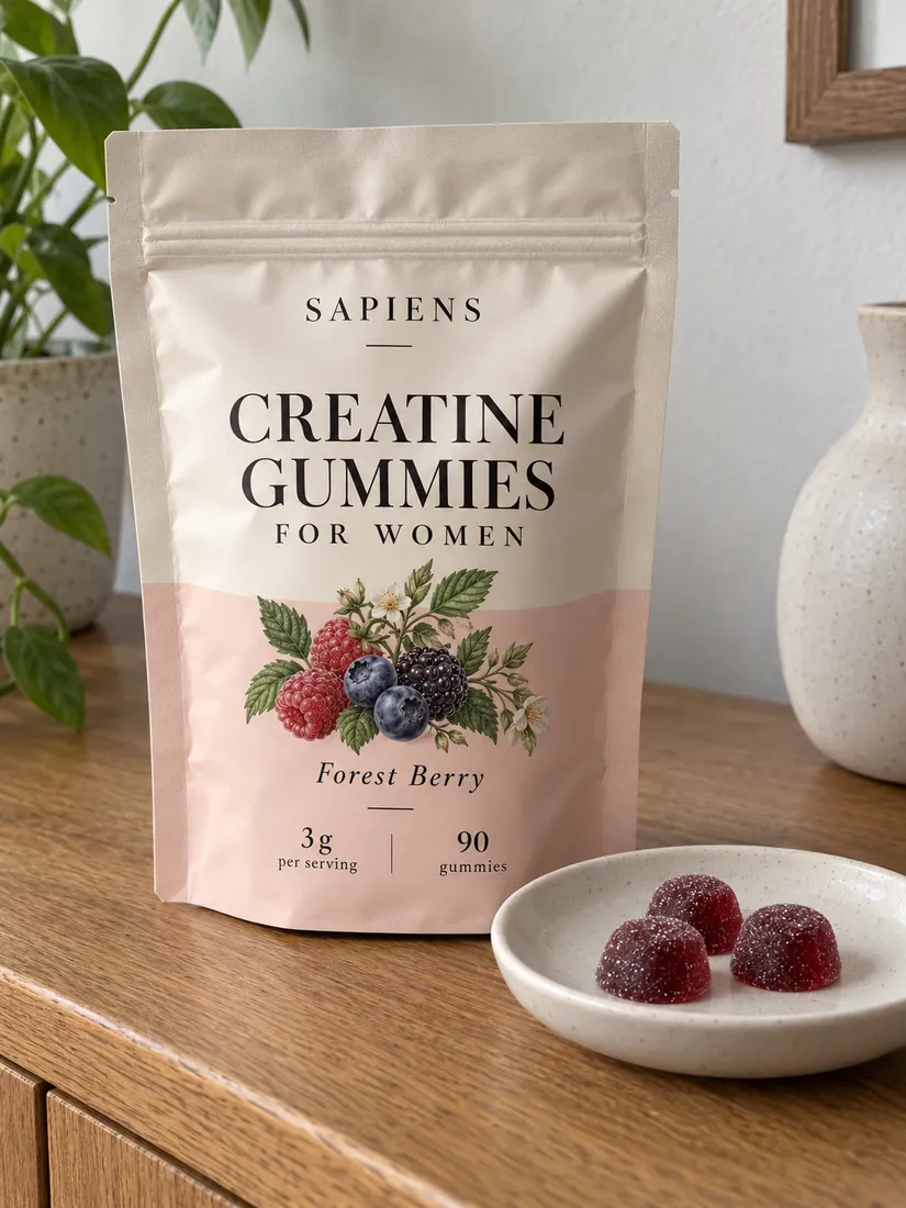 SAPIENS pouch with three domed gummies on a small plate.
