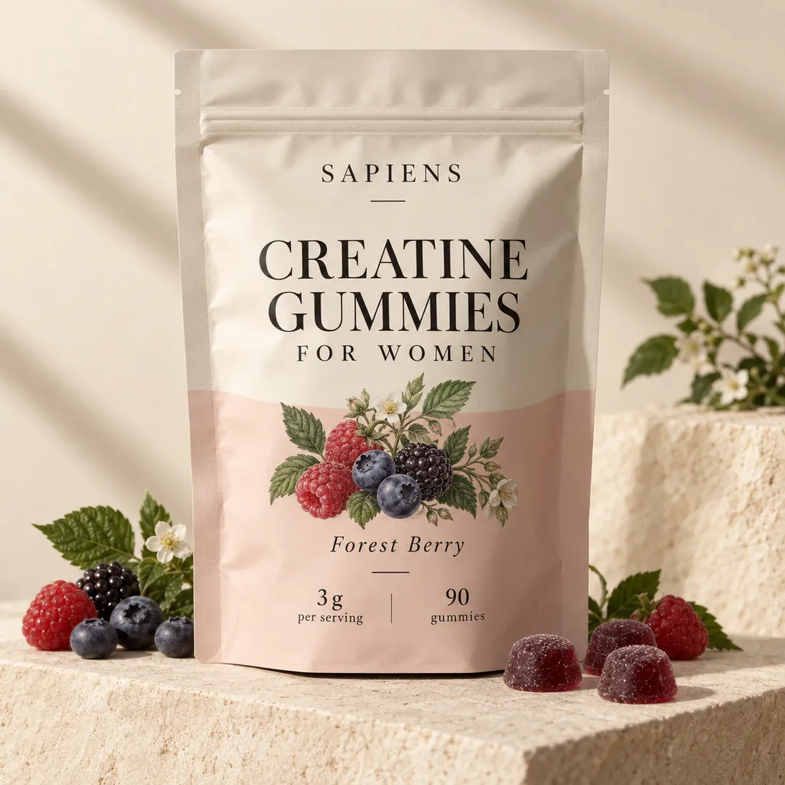 Front of the SAPIENS Forest Berry pouch with domed gummies and berries.