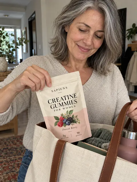 Illustrative image of a woman holding a SAPIENS pouch